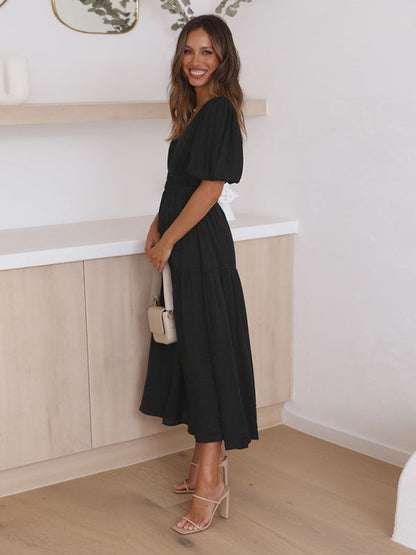 Vestido Midi con Escote en V y Mangas Abullonadas Para Mujer | Ideal Para Uso Diario y Salidas Planificadas