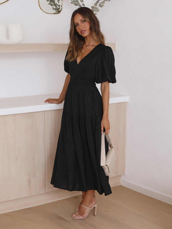 Vestido Midi con Escote en V y Mangas Abullonadas Para Mujer | Ideal Para Uso Diario y Salidas Planificadas