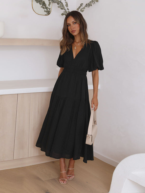 Vestido Midi con Escote en V y Mangas Abullonadas Para Mujer | Ideal Para Uso Diario y Salidas Planificadas