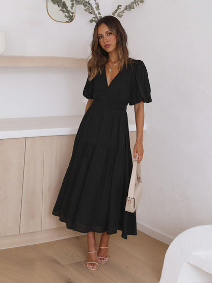 Vestido Midi con Escote en V y Mangas Abullonadas Para Mujer | Ideal Para Uso Diario y Salidas Planificadas