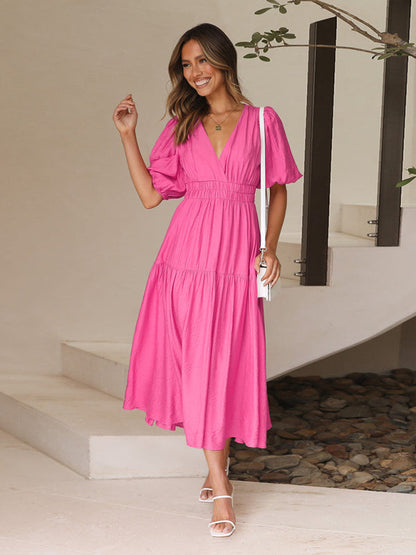 Vestido Midi con Escote en V y Mangas Abullonadas Para Mujer | Ideal Para Uso Diario y Salidas Planificadas