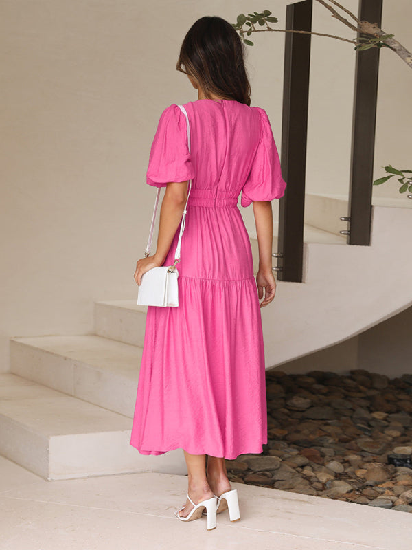 Vestido Midi con Escote en V y Mangas Abullonadas Para Mujer | Ideal Para Uso Diario y Salidas Planificadas