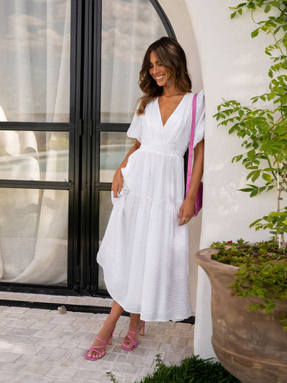 Vestido Midi con Escote en V y Mangas Abullonadas Para Mujer | Ideal Para Uso Diario y Salidas Planificadas