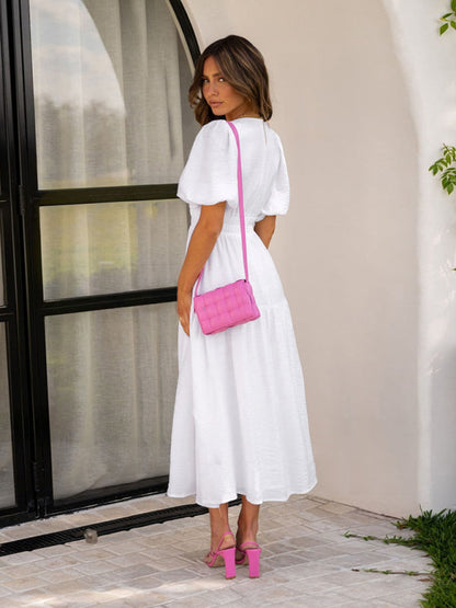 Vestido Midi con Escote en V y Mangas Abullonadas Para Mujer | Ideal Para Uso Diario y Salidas Planificadas