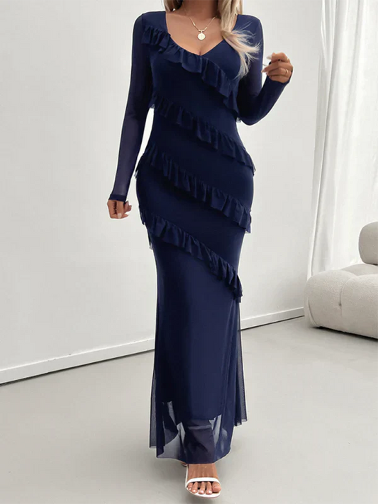 Vestido Largo con Volantes Diagonales, Cuello en V y Manga Larga para Mujer | Ideal para Uso Diario