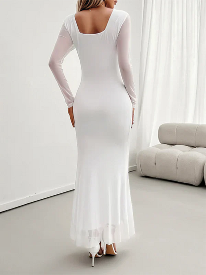 Vestido Largo con Volantes Diagonales, Cuello en V y Manga Larga para Mujer | Ideal para Uso Diario