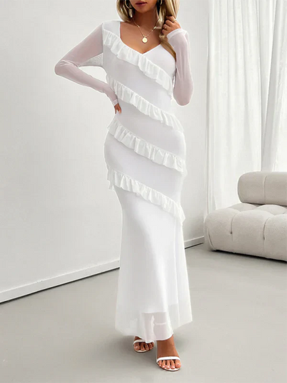 Vestido Largo con Volantes Diagonales, Cuello en V y Manga Larga para Mujer | Ideal para Uso Diario
