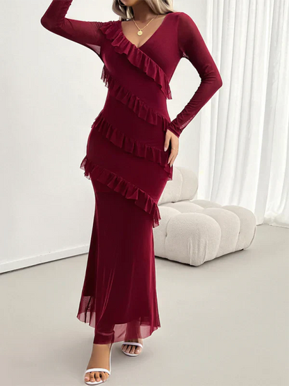 Vestido Largo con Volantes Diagonales, Cuello en V y Manga Larga para Mujer | Ideal para Uso Diario