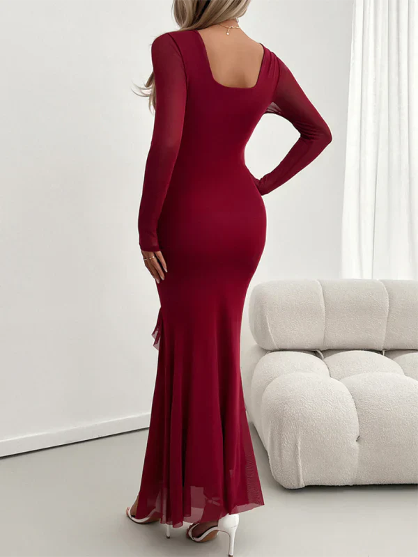 Vestido Largo con Volantes Diagonales, Cuello en V y Manga Larga para Mujer | Ideal para Uso Diario