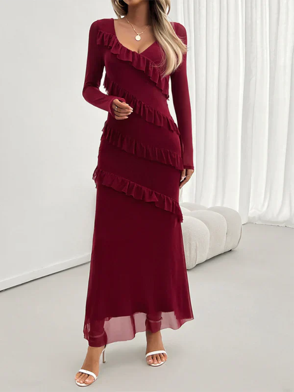 Vestido Largo con Volantes Diagonales, Cuello en V y Manga Larga para Mujer | Ideal para Uso Diario