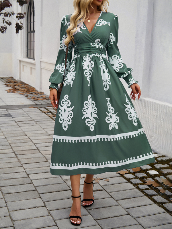 Vestido Midi con Cuello Cruzado en V, Manga Larga y Estampado para Mujer | Ideal para Uso Diario