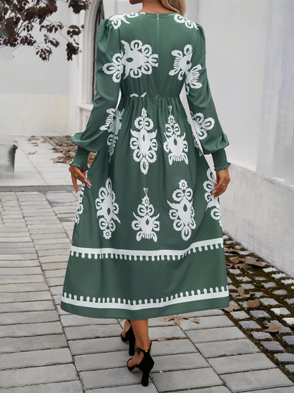 Vestido Midi con Cuello Cruzado en V, Manga Larga y Estampado para Mujer | Ideal para Uso Diario