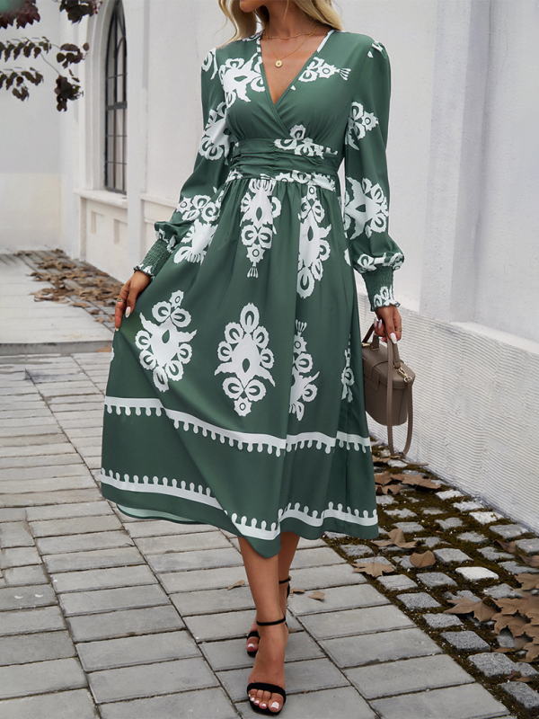 Vestido Midi con Cuello Cruzado en V, Manga Larga y Estampado para Mujer | Ideal para Uso Diario