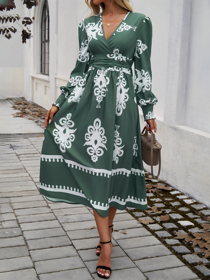 Vestido Midi con Cuello Cruzado en V, Manga Larga y Estampado para Mujer | Ideal para Uso Diario