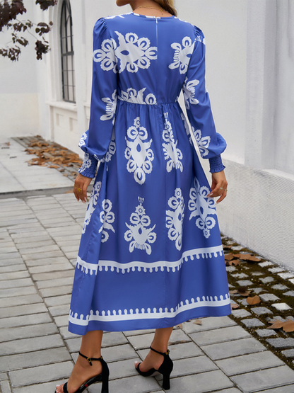 Vestido Midi con Cuello Cruzado en V, Manga Larga y Estampado para Mujer | Ideal para Uso Diario