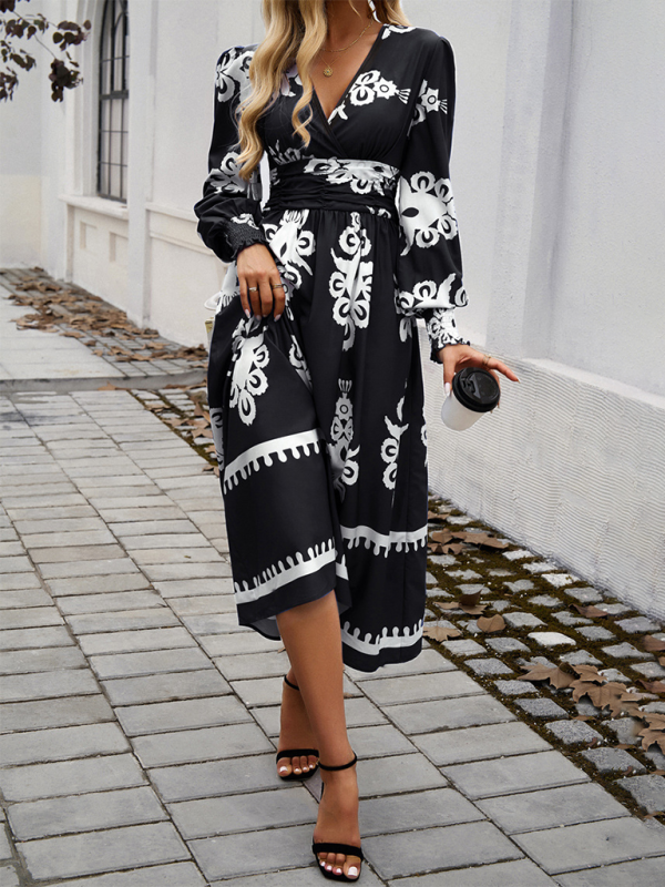Vestido Midi con Cuello Cruzado en V, Manga Larga y Estampado para Mujer | Ideal para Uso Diario