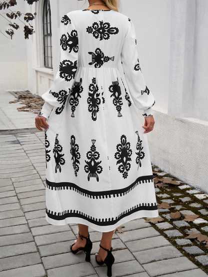 Vestido Midi con Cuello Cruzado en V, Manga Larga y Estampado para Mujer | Ideal para Uso Diario