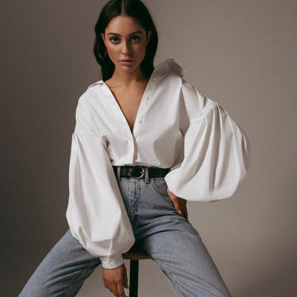 Blusa de Manga Abullonada con Cuello Clásico y Corte Holgado para Mujeres | Ideal para Uso Diario