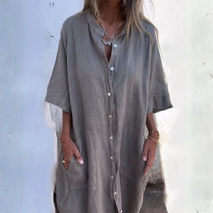 Vestido Midi Con Cierre De Botones Y Manga Larga Para Mujer | Ideal Para Uso Diario Y Clima Cálido