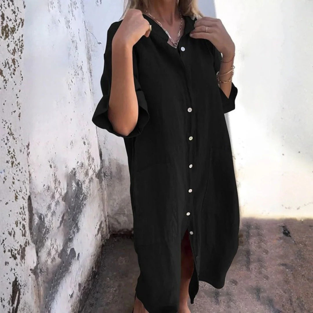 Vestido Midi Con Cierre De Botones Y Manga Larga Para Mujer | Ideal Para Uso Diario Y Clima Cálido