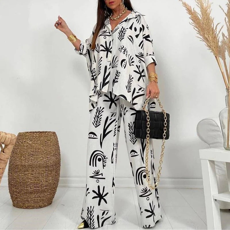 Conjunto Dos Piezas Para Mujer: Top Abotonado y Pantalón de Pierna Ancha | Ideal Para Ocasiones Casual