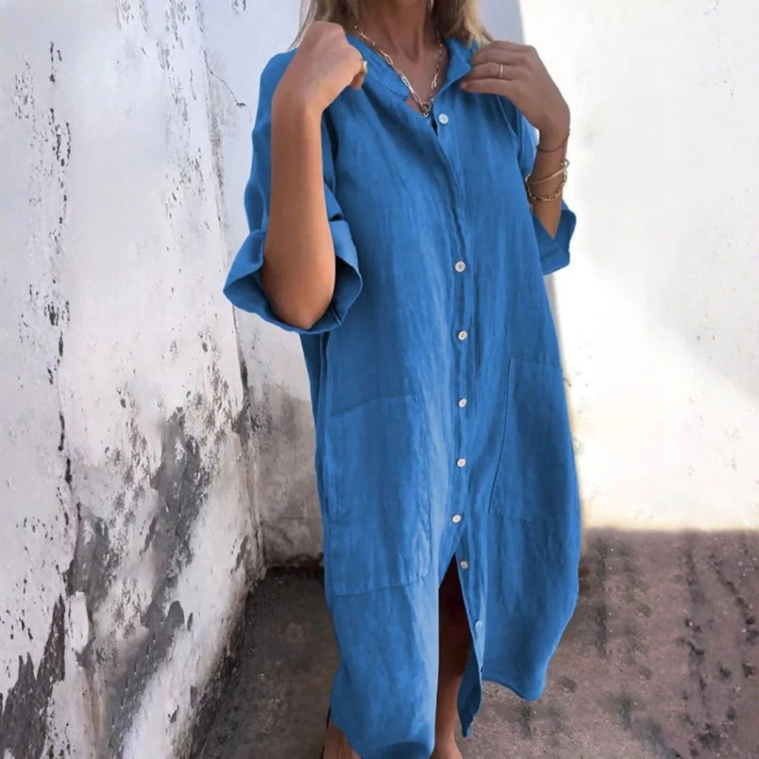 Vestido Midi Con Cierre De Botones Y Manga Larga Para Mujer | Ideal Para Uso Diario Y Clima Cálido