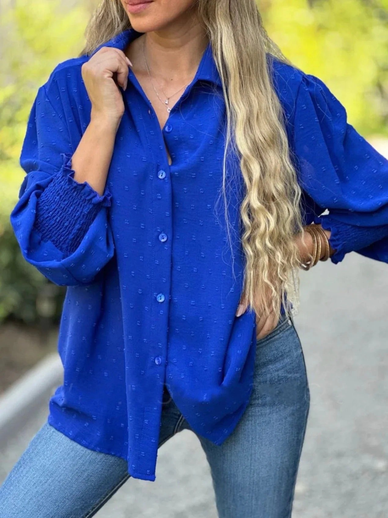 Blusa Con Patrón Swiss Dot Y Mangas Farol Para Mujer | Ideal Para Trabajo Y Uso Diario