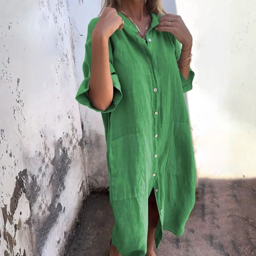 Vestido Midi Con Cierre De Botones Y Manga Larga Para Mujer | Ideal Para Uso Diario Y Clima Cálido