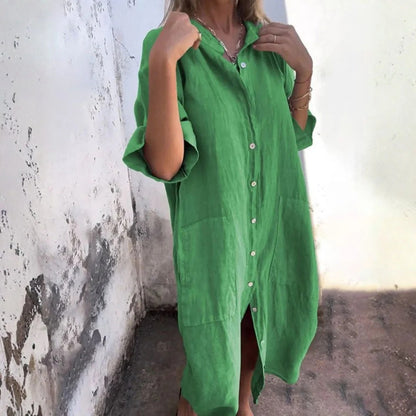 Vestido Midi Con Cierre De Botones Y Manga Larga Para Mujer | Ideal Para Uso Diario Y Clima Cálido