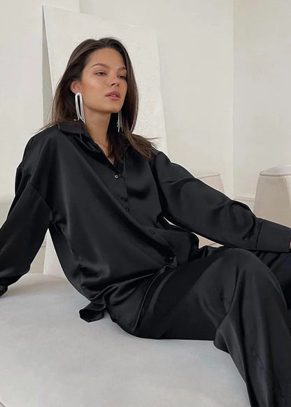 Conjunto De Dos Piezas Con Camisa Abotonada y Pantalón De Pierna Ancha para Adultos | Ideal para Uso Diario Y Descanso