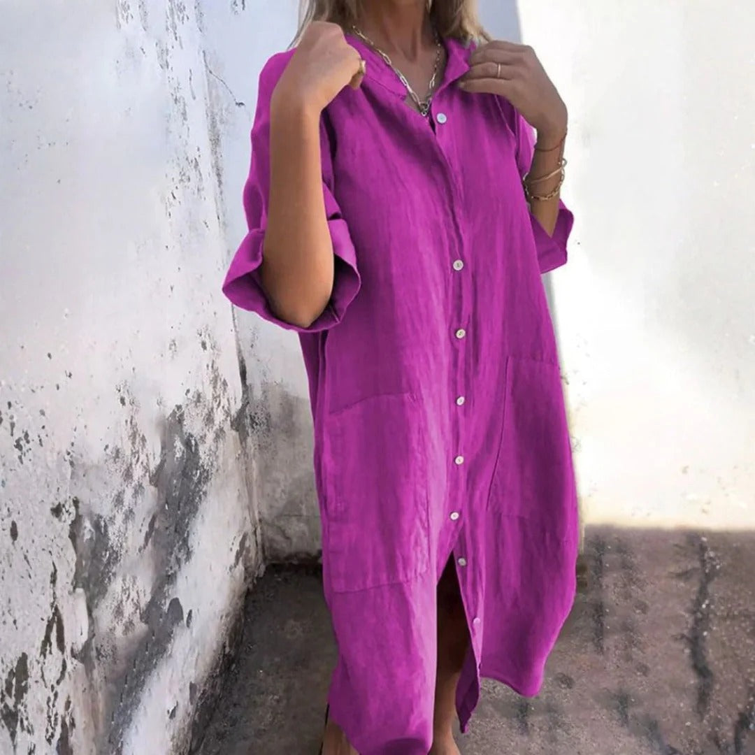 Vestido Midi Con Cierre De Botones Y Manga Larga Para Mujer | Ideal Para Uso Diario Y Clima Cálido