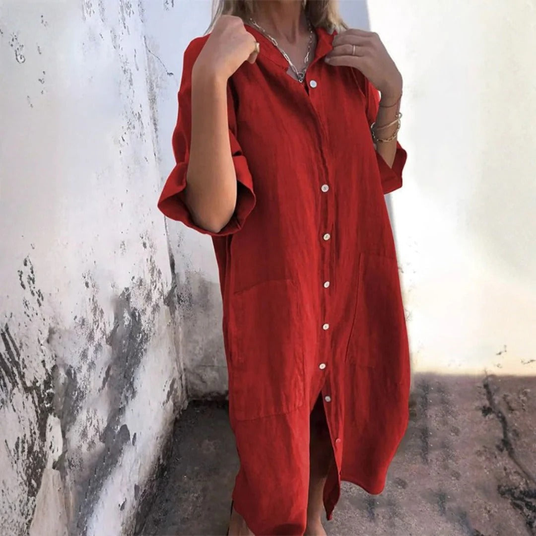 Vestido Midi Con Cierre De Botones Y Manga Larga Para Mujer | Ideal Para Uso Diario Y Clima Cálido