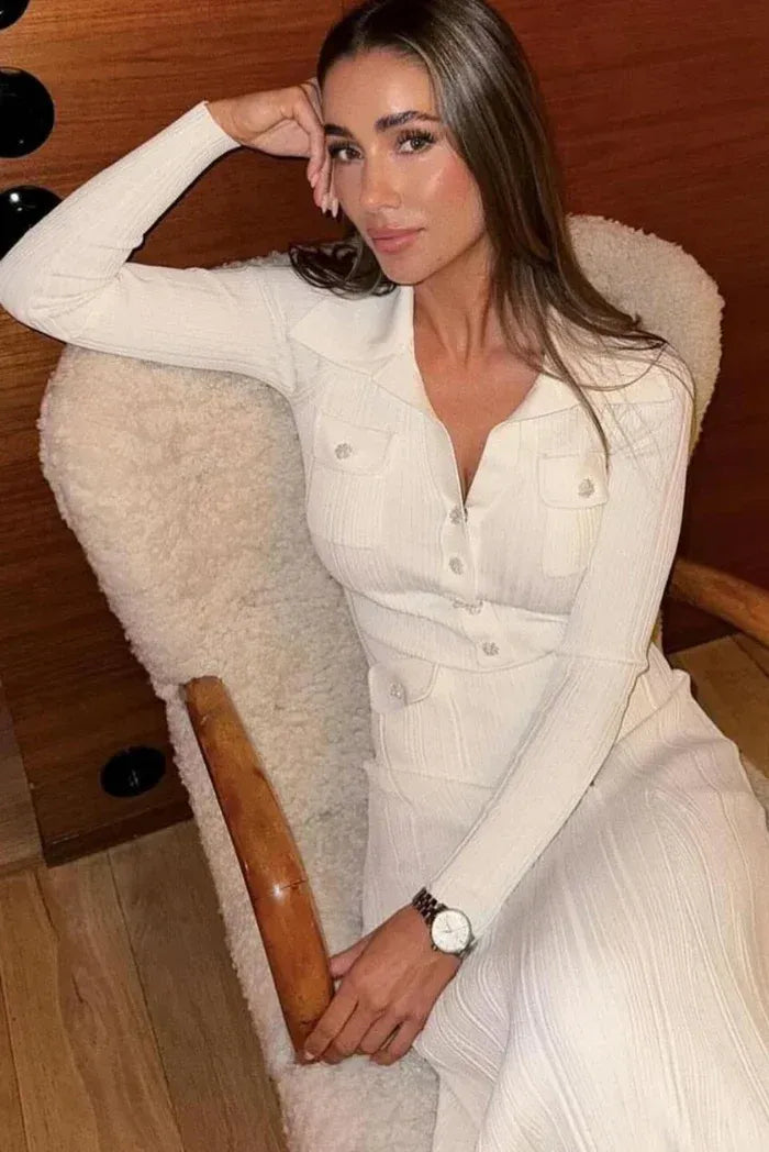 Vestido Midi Con Punto Acanalado Y Falda Godet Plisada Para Mujer | Ideal Para Uso Diario Y Ocasiones