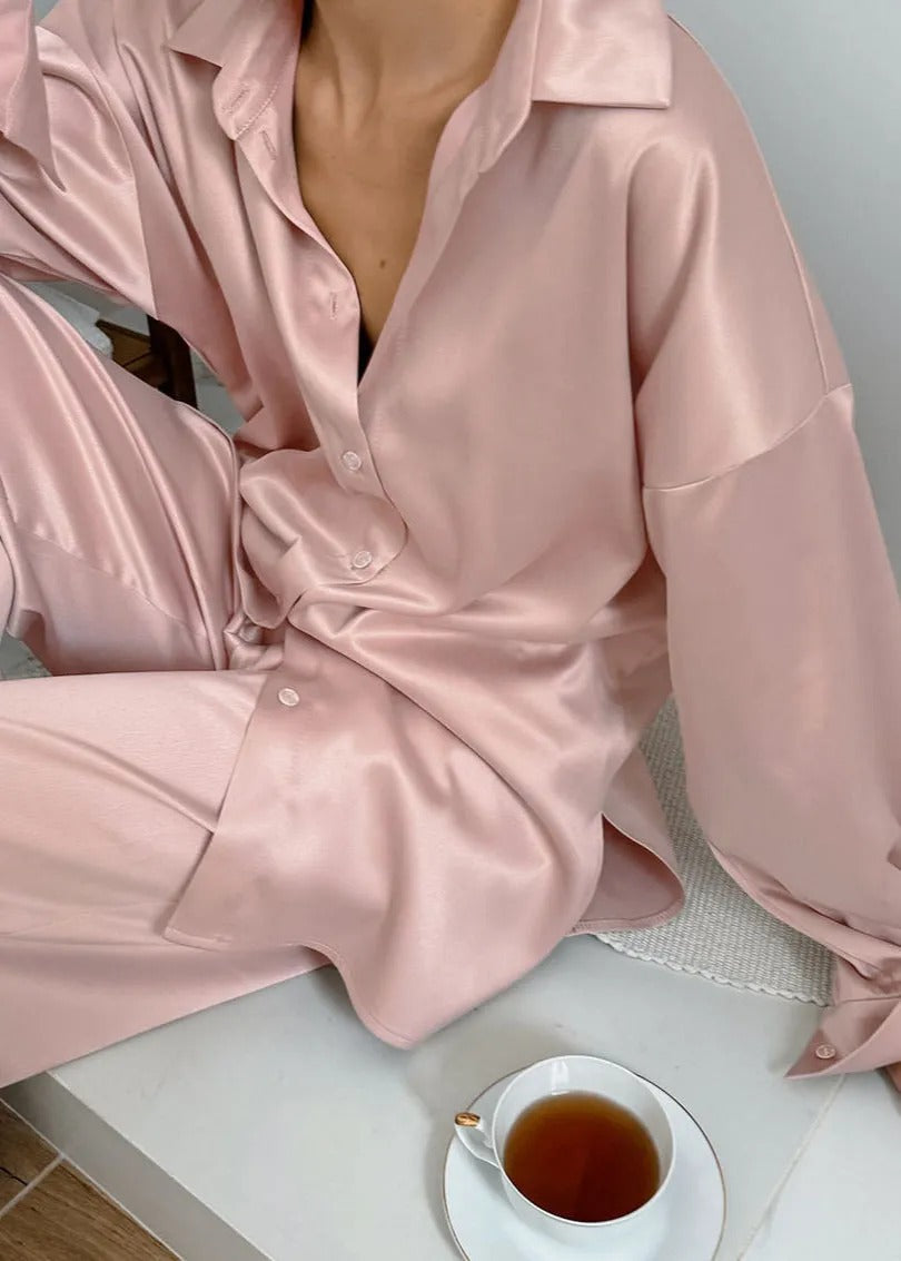 Conjunto De Dos Piezas Con Camisa Abotonada y Pantalón De Pierna Ancha para Adultos | Ideal para Uso Diario Y Descanso