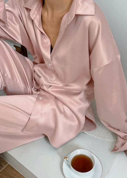 Conjunto De Dos Piezas Con Camisa Abotonada y Pantalón De Pierna Ancha para Adultos | Ideal para Uso Diario Y Descanso