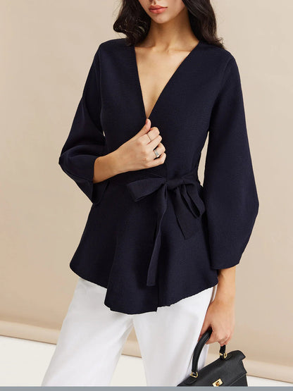 Blusa Cruzada Con Cinturón Y Manga Larga Para Mujer | Ideal Para Uso Diario Y Oficina