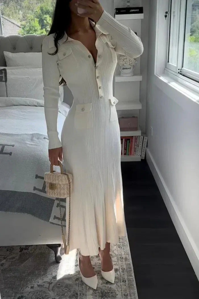 Vestido Midi Con Punto Acanalado Y Falda Godet Plisada Para Mujer | Ideal Para Uso Diario Y Ocasiones