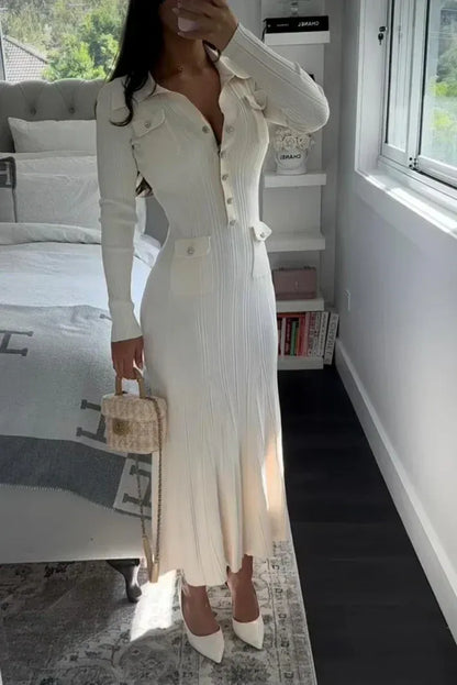 Vestido Midi Con Punto Acanalado Y Falda Godet Plisada Para Mujer | Ideal Para Uso Diario Y Ocasiones