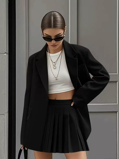 Conjunto de Dos Piezas con Blazer Amplio y Falda Plisada para Mujer | Ideal para Primavera y Verano