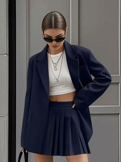 Conjunto de Dos Piezas con Blazer Amplio y Falda Plisada para Mujer | Ideal para Primavera y Verano