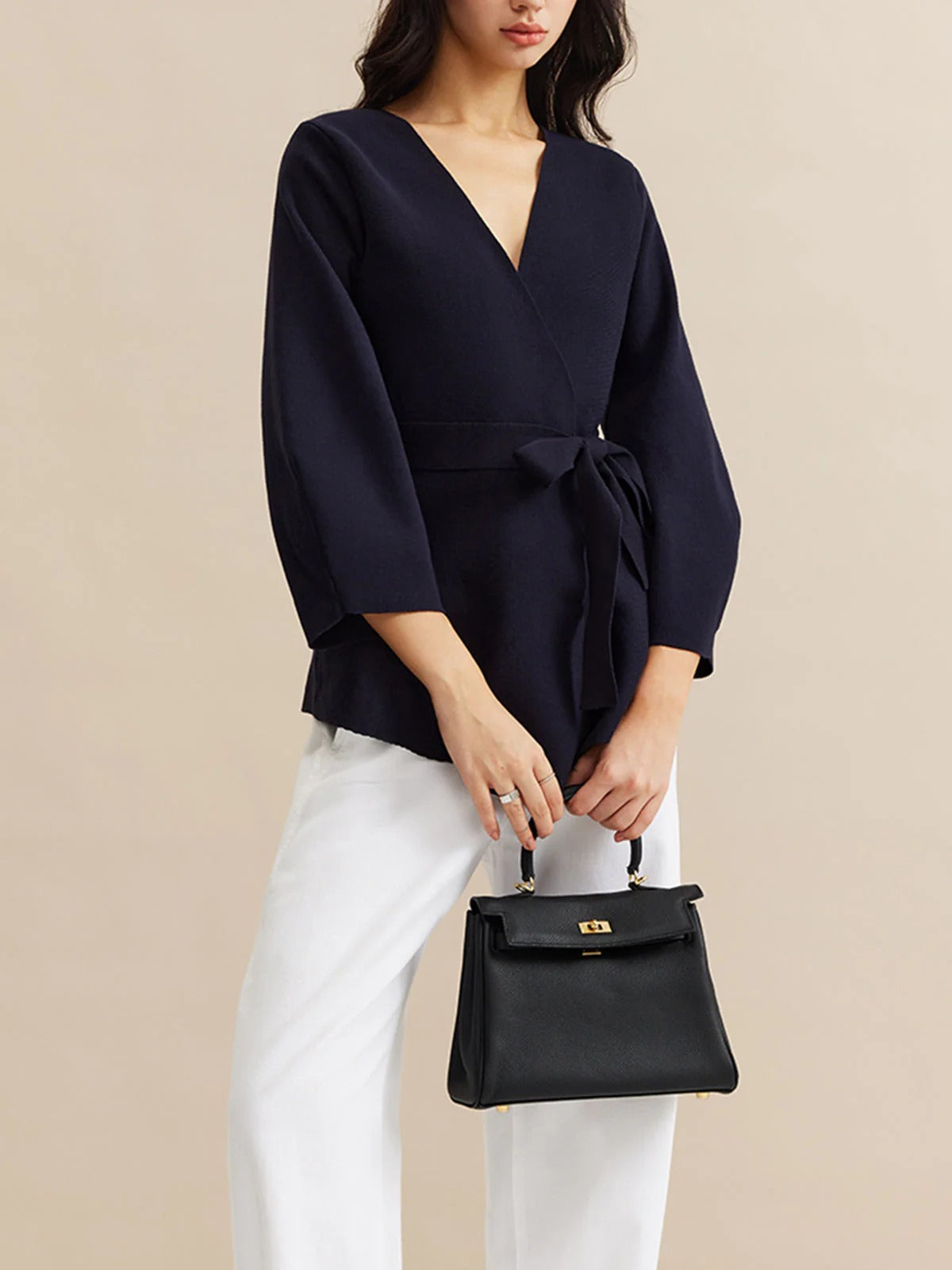 Blusa Cruzada Con Cinturón Y Manga Larga Para Mujer | Ideal Para Uso Diario Y Oficina