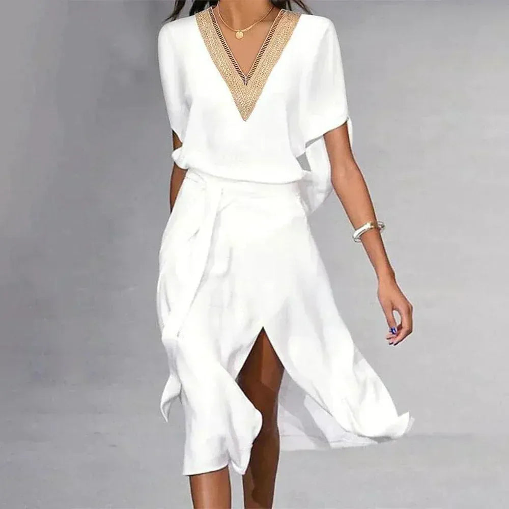 Vestido Midi Con Escote En V Y Corte Fluido Para Mujer | Ideal Para Uso Diario Y Verano