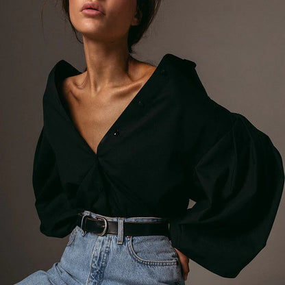 Blusa de Manga Abullonada con Cuello Clásico y Corte Holgado para Mujeres | Ideal para Uso Diario