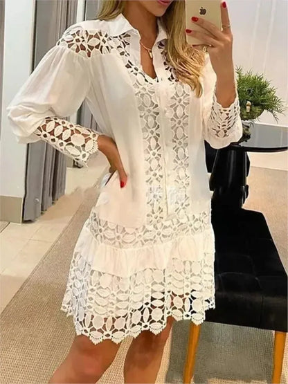 Vestido Tipo Camisa Con Encaje Y Manga Larga Para Mujer | Ideal Para Uso Diario Y Entorno Laboral
