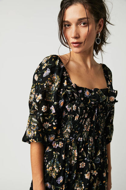 Vestido Midi con Corsé Fruncido y Manga Larga Abullonada para Mujer | Ideal para Uso Diario