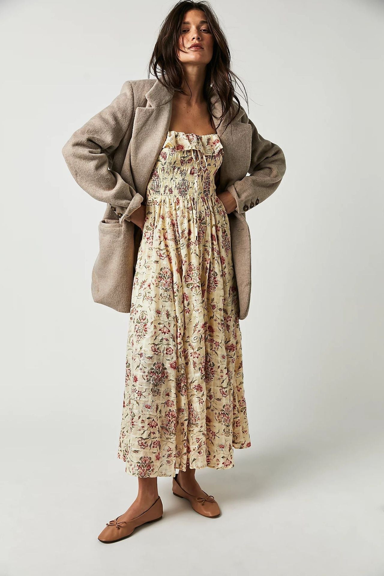 Vestido Midi con Corsé Fruncido y Manga Larga Abullonada para Mujer | Ideal para Uso Diario