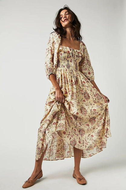 Vestido Midi con Corsé Fruncido y Manga Larga Abullonada para Mujer | Ideal para Uso Diario
