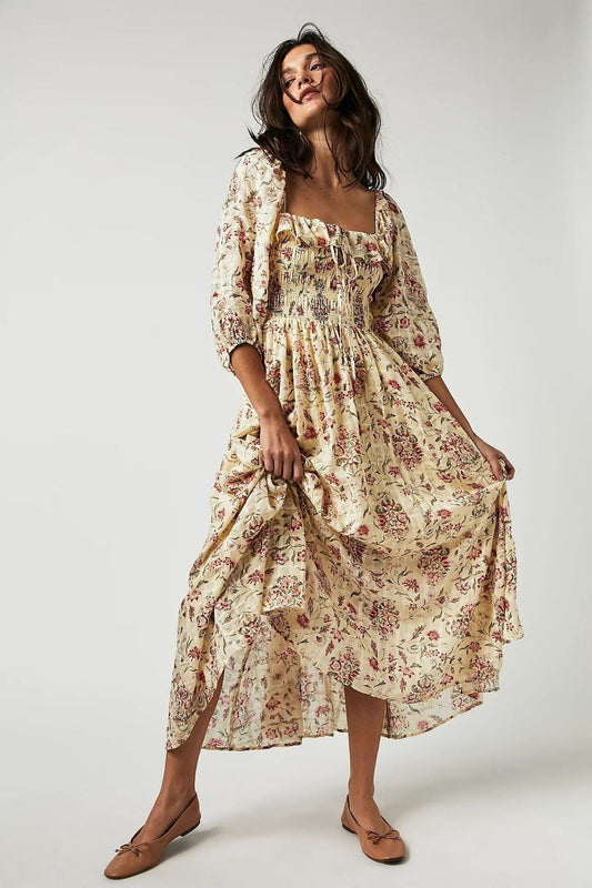 Vestido Midi con Corsé Fruncido y Manga Larga Abullonada para Mujer | Ideal para Uso Diario