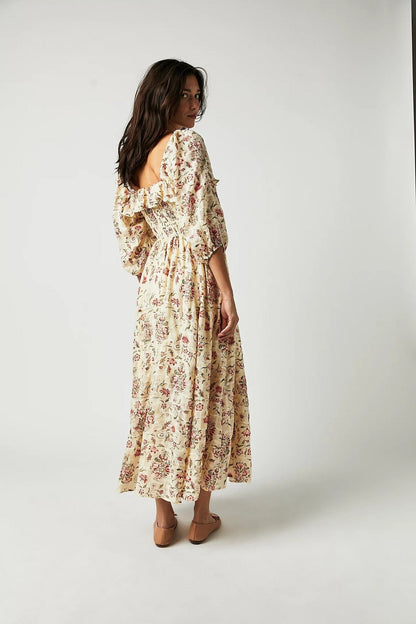 Vestido Midi con Corsé Fruncido y Manga Larga Abullonada para Mujer | Ideal para Uso Diario