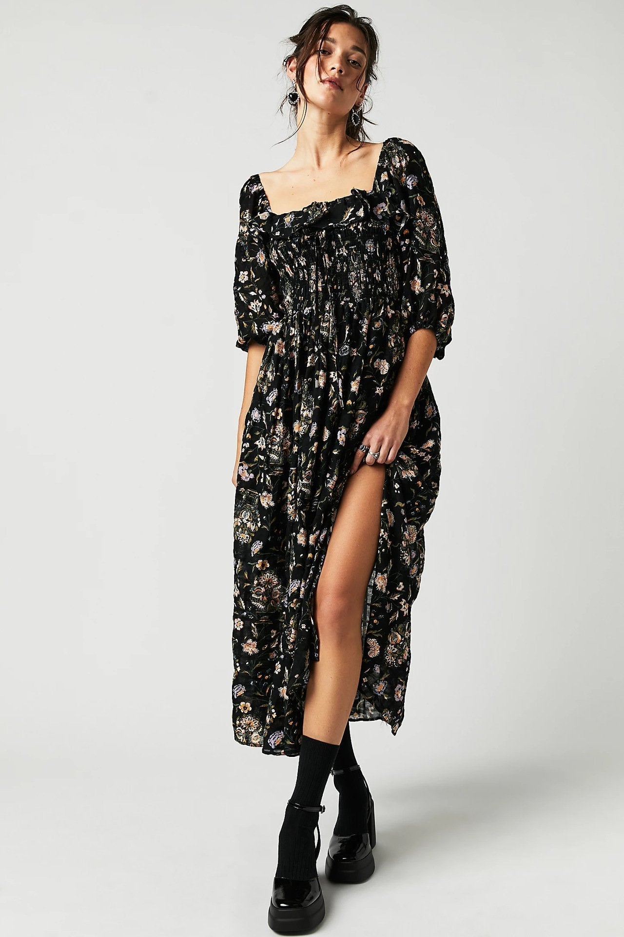 Vestido Midi con Corsé Fruncido y Manga Larga Abullonada para Mujer | Ideal para Uso Diario